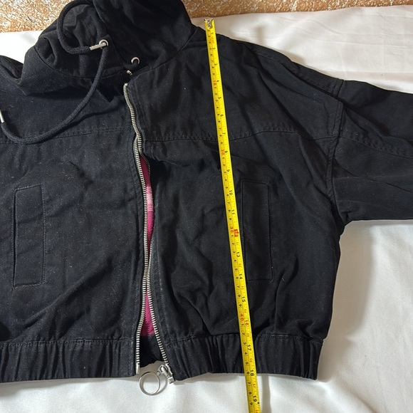 Forever 21 Cropped Jacket Hooded Lined Coat Drawstring Suede Black Size Small - Picture 14 of 16